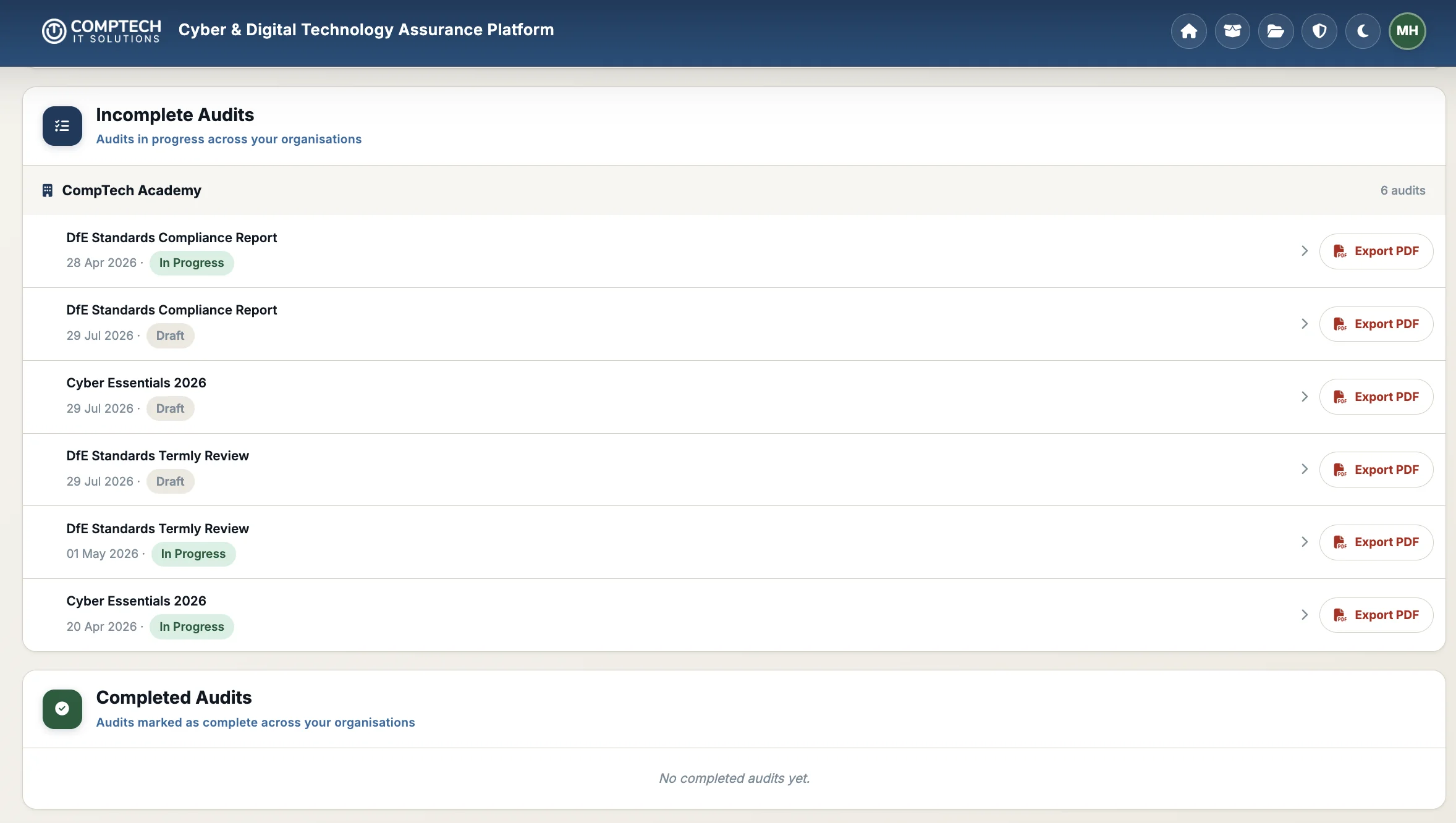 Audit overview showing incomplete annual and termly reviews with PDF export controls and a separate completed-audits area.