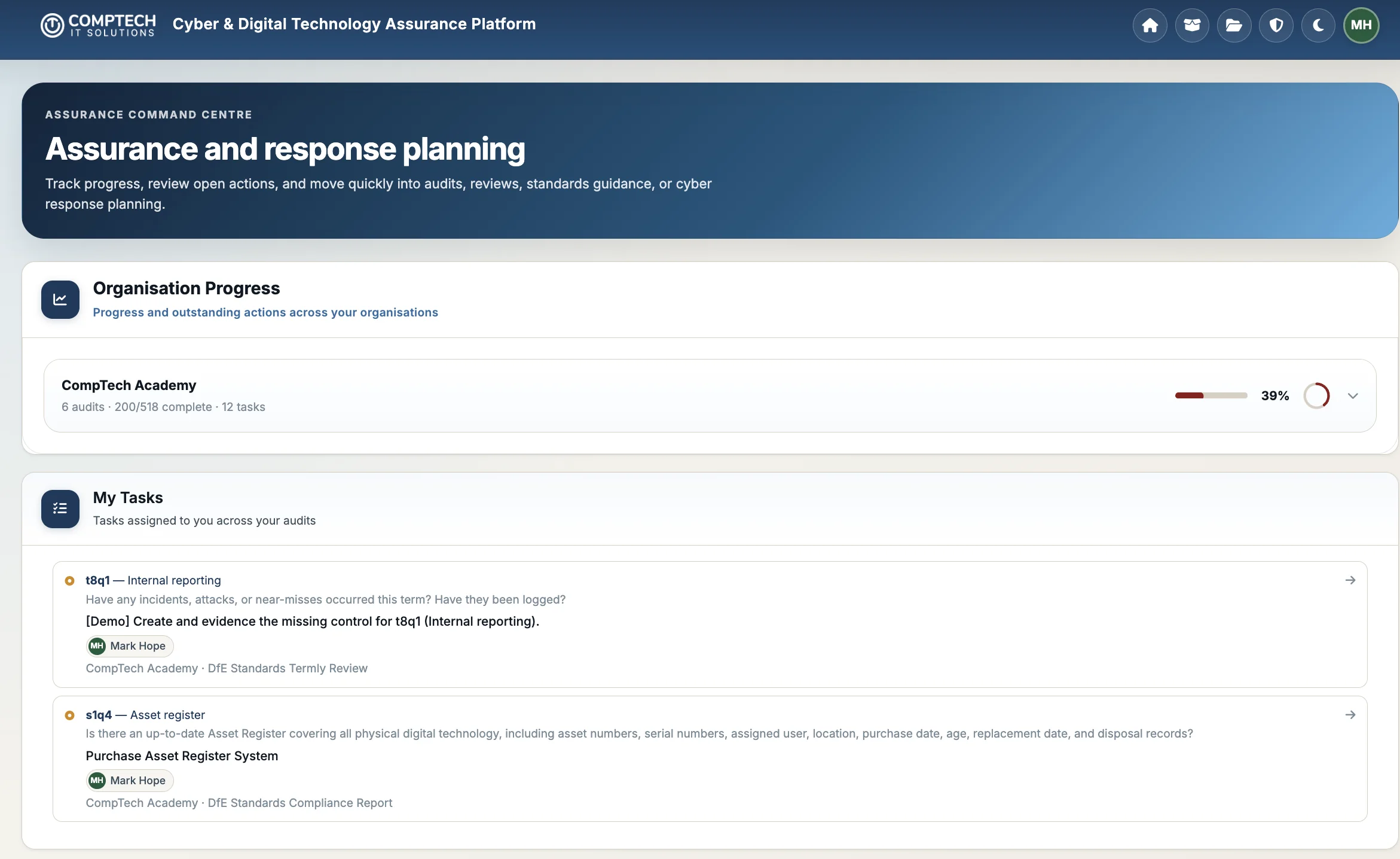 CompTech Assurance dashboard showing organisation progress and tasks assigned to the current user.
