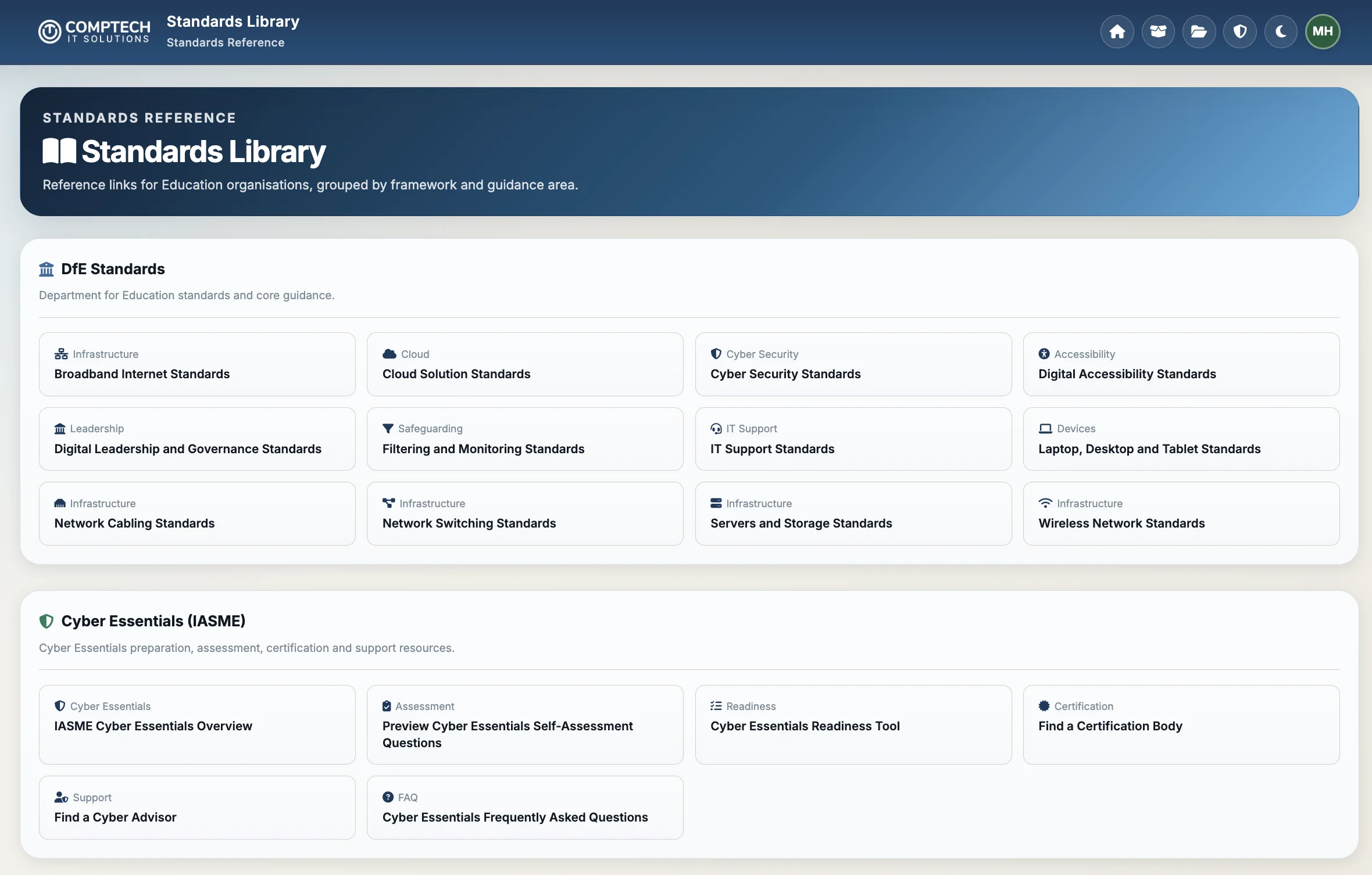 CompTech Assurance standards library with links grouped into DfE technology guidance and Cyber Essentials resources.