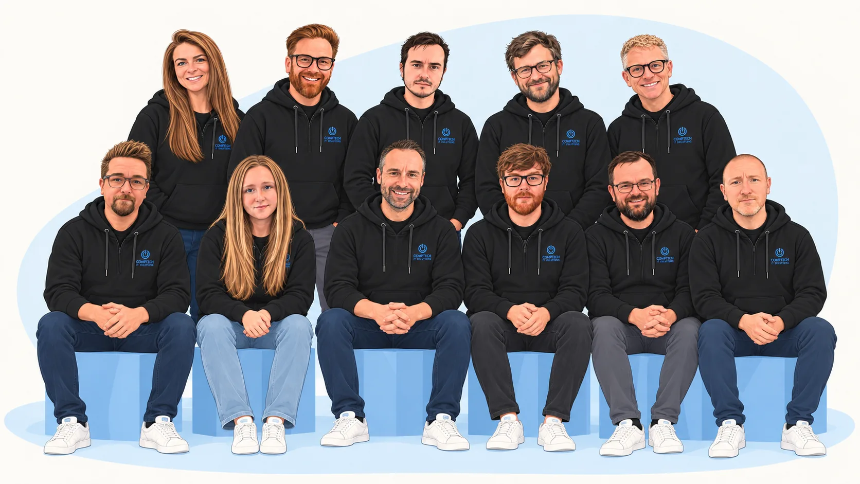 Illustration of the CompTech IT Solutions team wearing branded hoodies